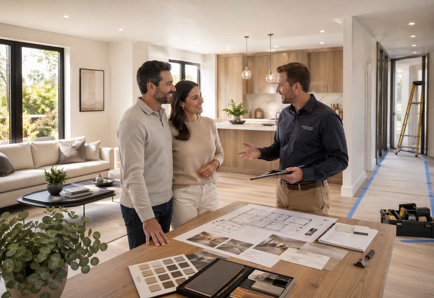 Escena de reforma tranquila con cliente y profesional revisando el proyecto