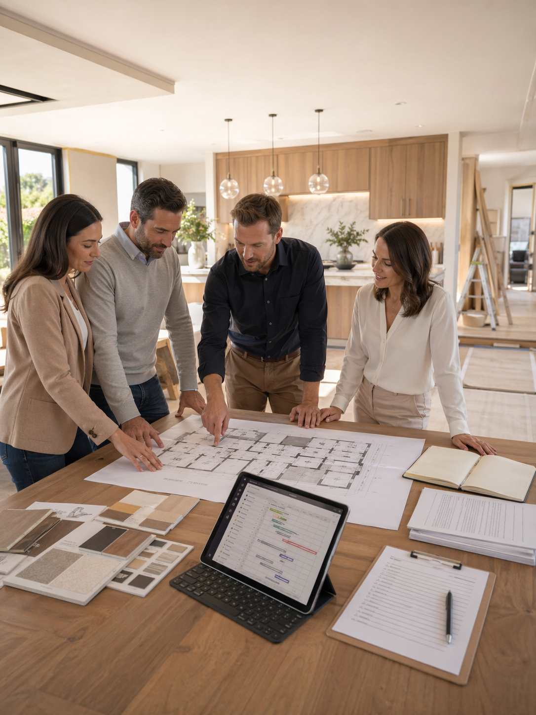 Equipo revisando una reforma con planificación, seguimiento y entorno ordenado
